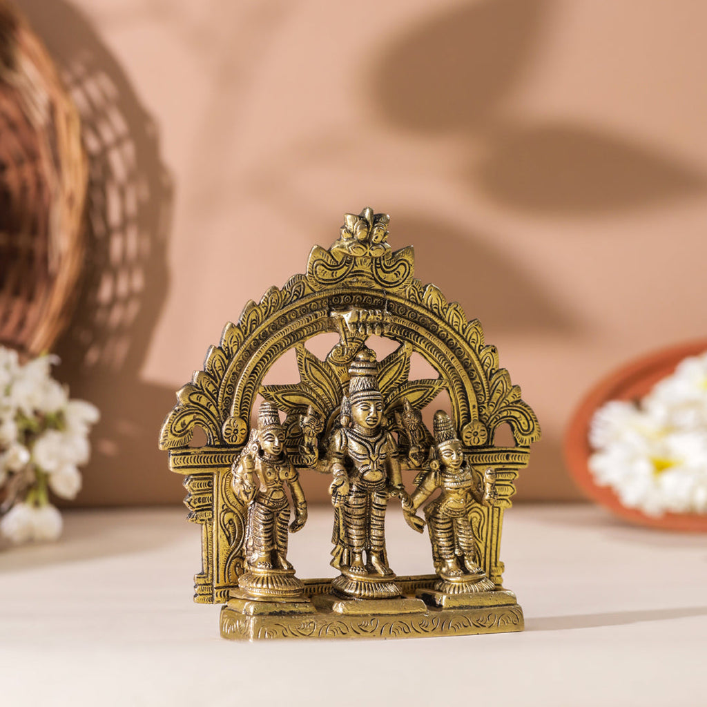 Brass Lord Balaji With Sri Devi And Bhudevi With Prabhavali (5.5 Inch) Vedansh Craft