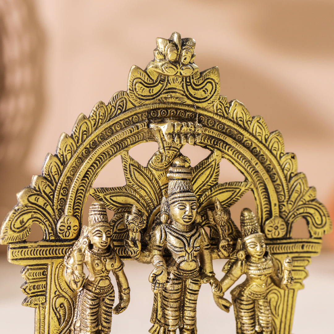 Brass Lord Balaji With Sri Devi And Bhudevi With Prabhavali (5.5 Inch) Vedansh Craft