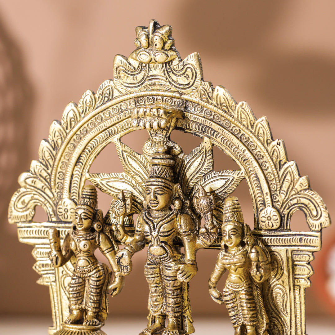 Brass Lord Balaji With Sri Devi And Bhudevi With Prabhavali (5.5 Inch) Vedansh Craft