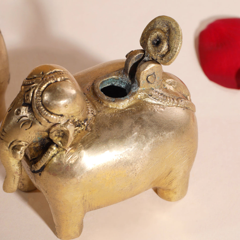 Brass Elephant Inkwell/Ink Pot Pair (2.5 Inch) Vedansh Craft