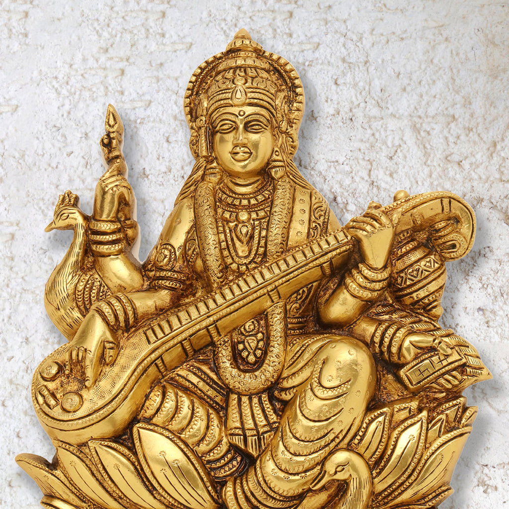 Brass Goddess Saraswati Wall Hanging (11 Inch) Vedansh Craft