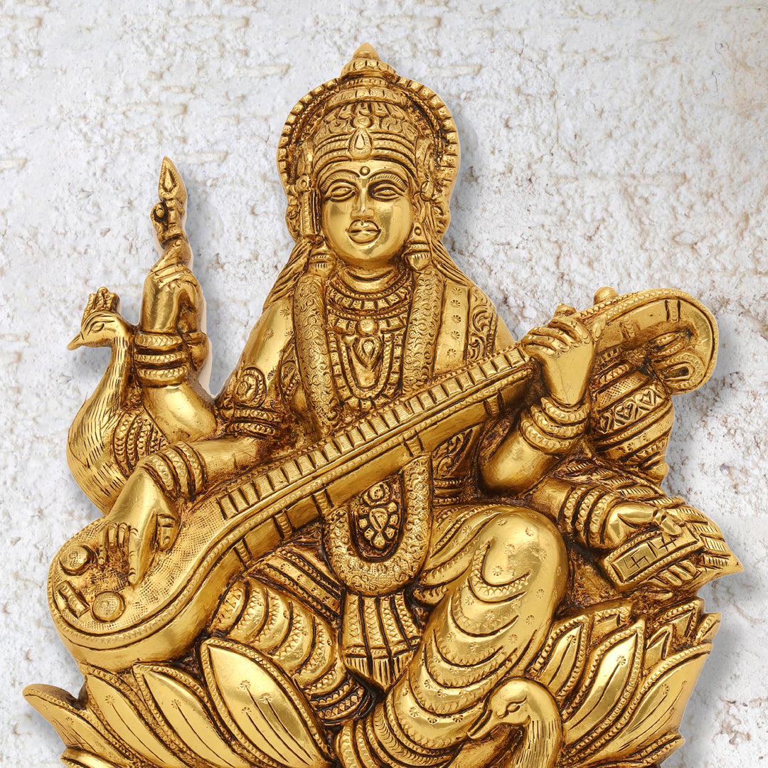Brass Goddess Saraswati Wall Hanging (11 Inch) Vedansh Craft