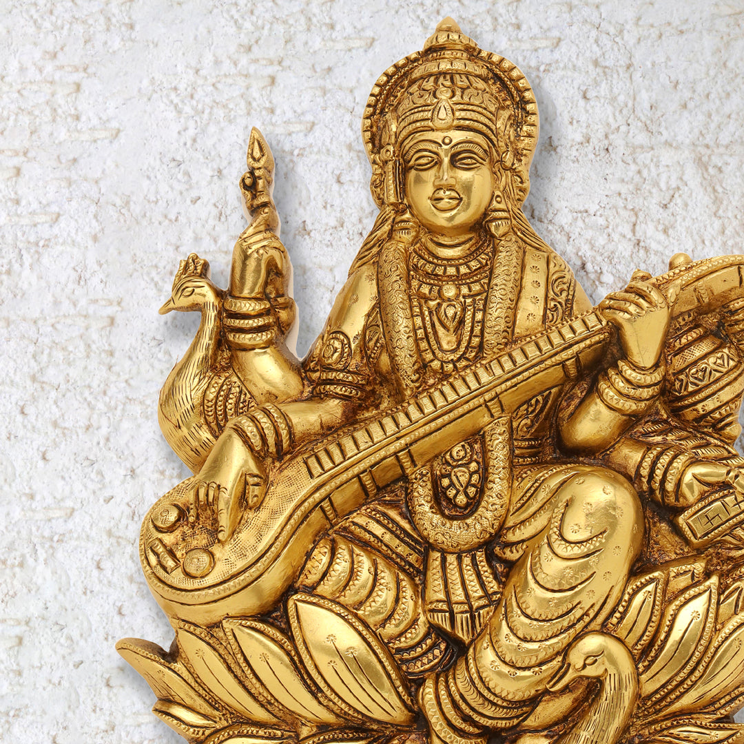 Brass Goddess Saraswati Wall Hanging (11 Inch) Vedansh Craft