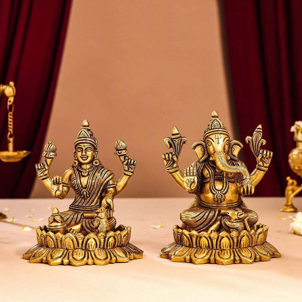 Brass Superfine Lotus Sitting Ganesha And Lakshmi Idols (5.8 Inch) Vedansh Craft