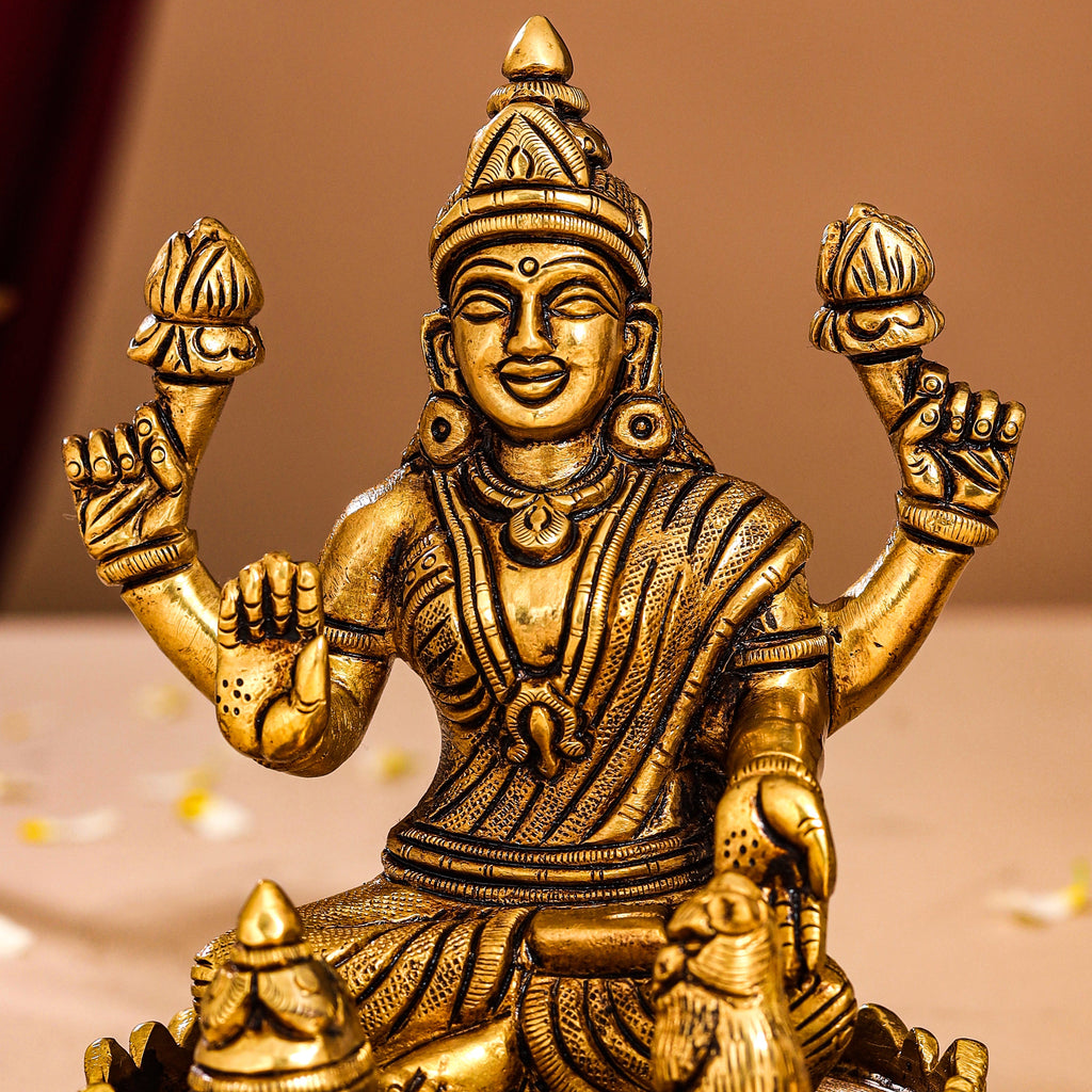 Brass Superfine Lotus Sitting Ganesha And Lakshmi Idols (5.8 Inch) Vedansh Craft