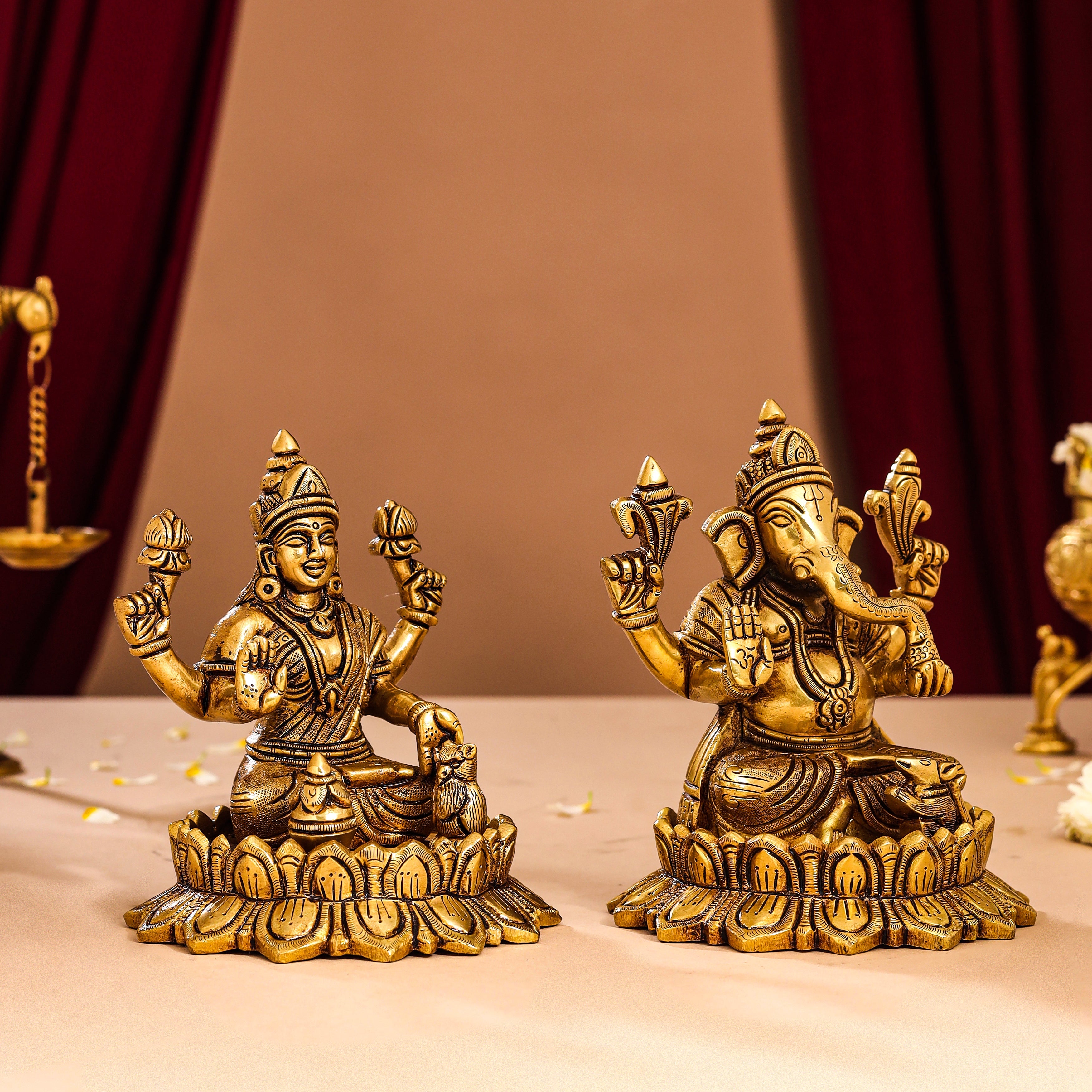 Brass Superfine Lotus Sitting Ganesha And Lakshmi Idols (5.8 Inch) Vedansh Craft
