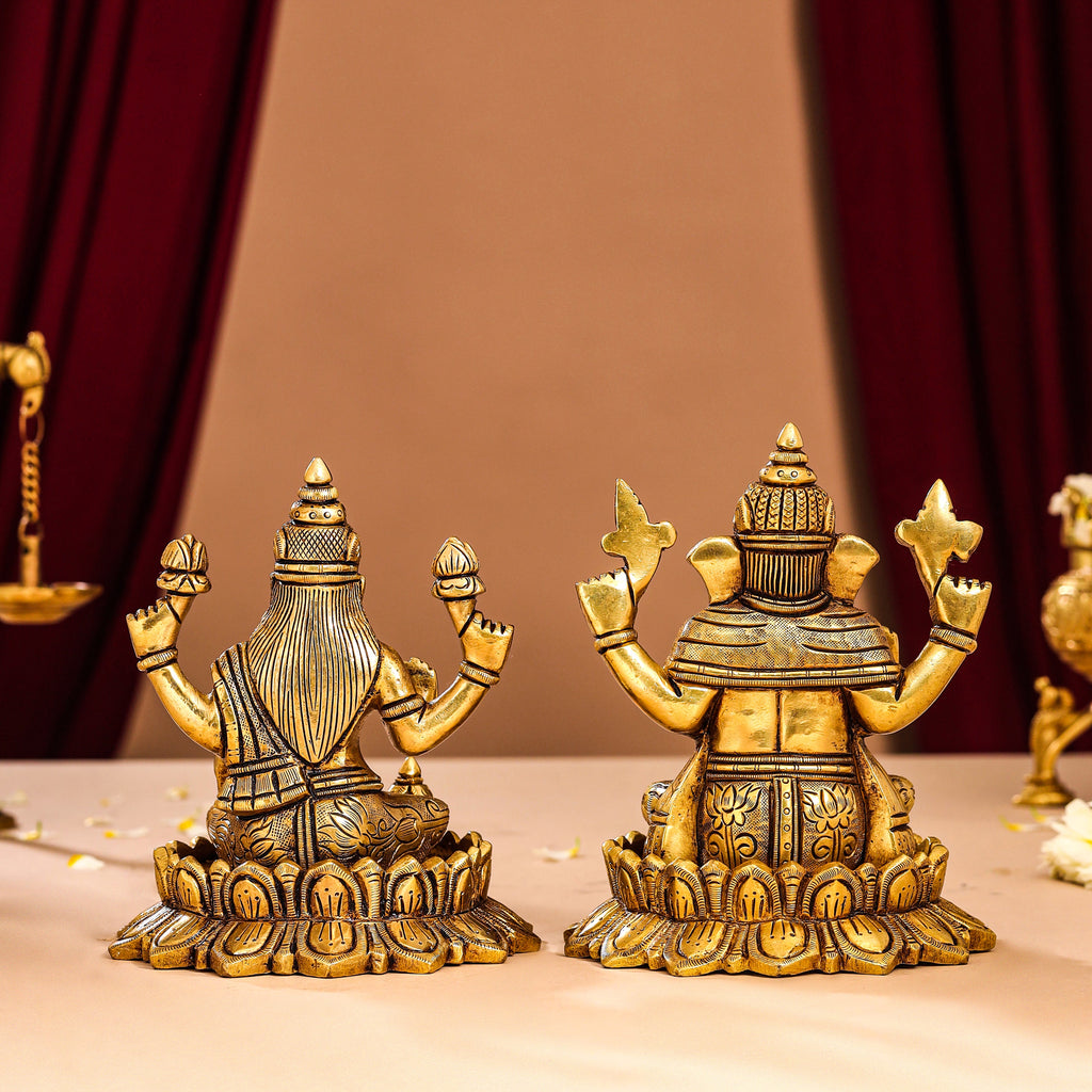 Brass Superfine Lotus Sitting Ganesha And Lakshmi Idols (5.8 Inch) Vedansh Craft