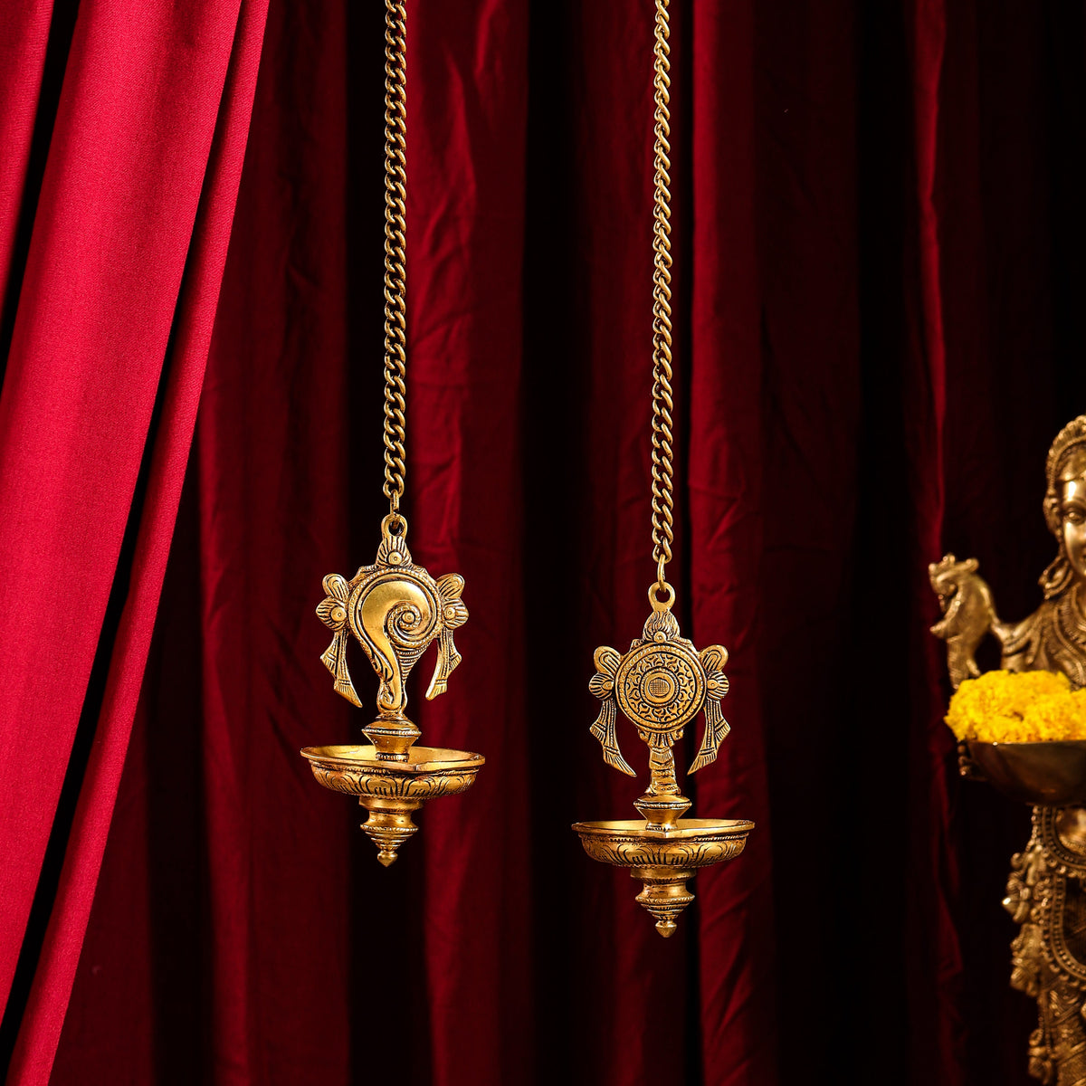 Brass Hanging Shankh And Chakra Diya Set (23 Inch) Vedansh Craft