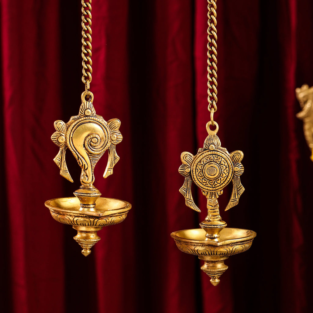 Brass Hanging Shankh And Chakra Diya Set (23 Inch) Vedansh Craft