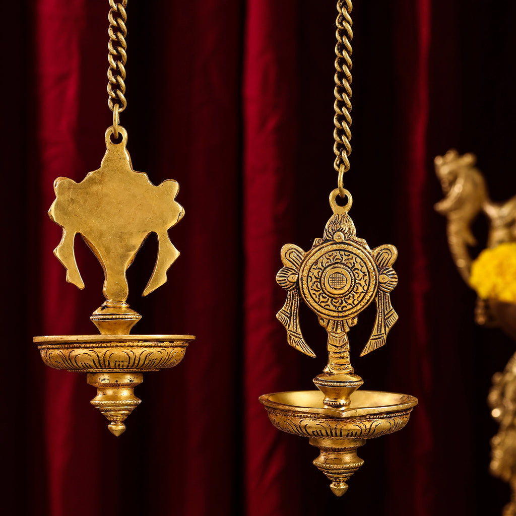 Brass Hanging Shankh And Chakra Diya Set (23 Inch) Vedansh Craft