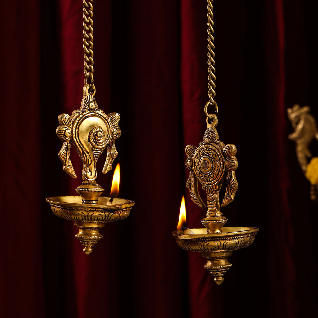 Brass Hanging Shankh And Chakra Diya Set (23 Inch) Vedansh Craft
