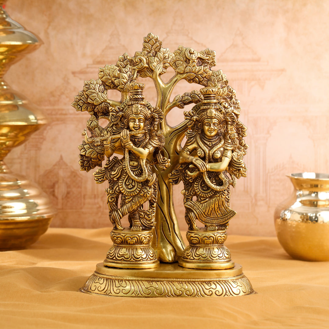 Brass Standing Radha Krishna Idols With Tree (13.5 Inch) Vedansh Craft