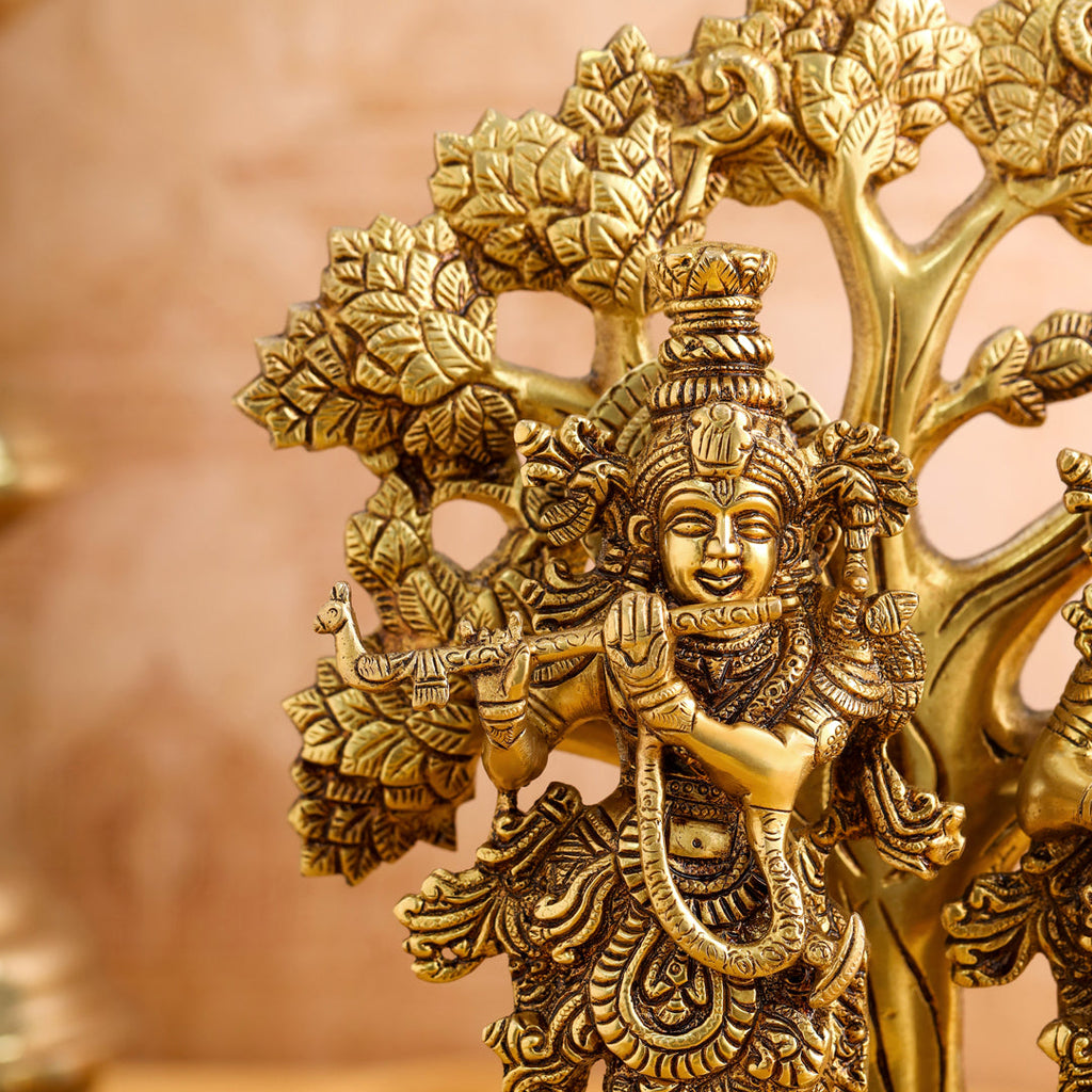 Brass Standing Radha Krishna Idols With Tree (13.5 Inch) Vedansh Craft