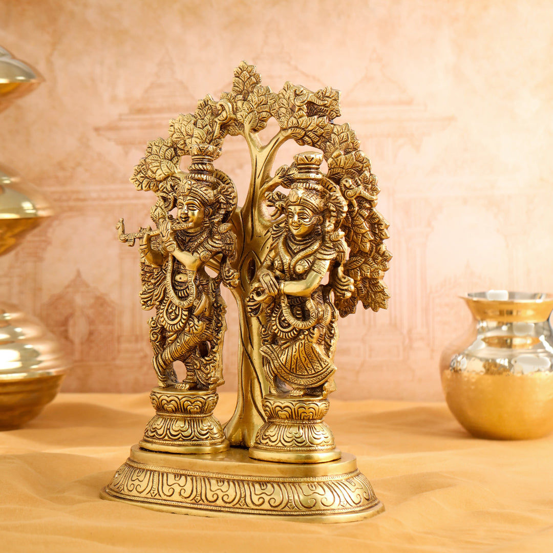 Brass Standing Radha Krishna Idols With Tree (13.5 Inch) Vedansh Craft
