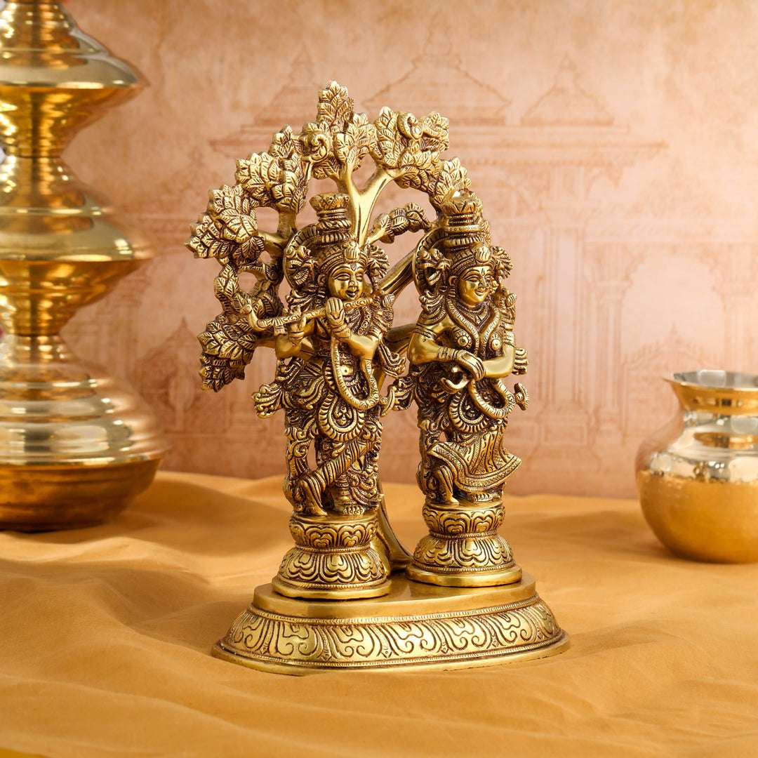 Brass Standing Radha Krishna Idols With Tree (13.5 Inch) Vedansh Craft