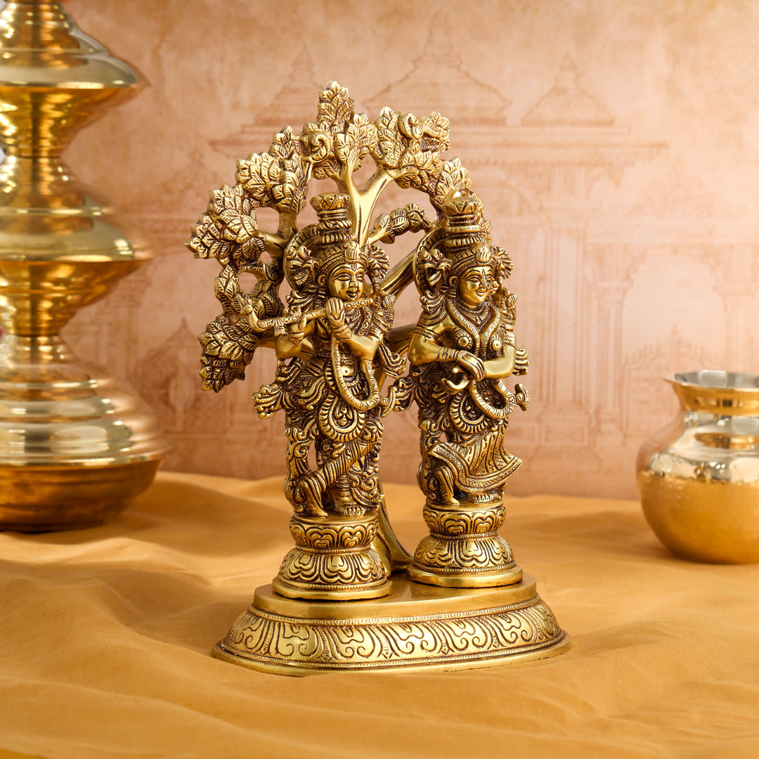 Brass Standing Radha Krishna Idols With Tree (13.5 Inch) Vedansh Craft