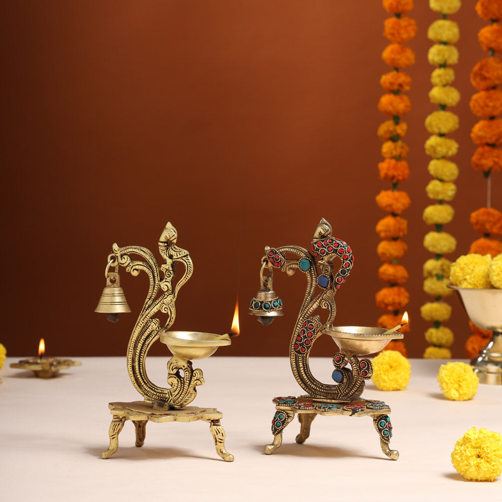 Brass Ethnic Peacock Diya With Hanging bell (8 Inch) Vedansh Craft