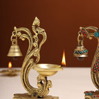 Brass Ethnic Peacock Diya With Hanging bell (8 Inch) Vedansh Craft
