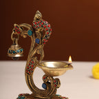 Brass Ethnic Peacock Diya With Hanging bell (8 Inch) Vedansh Craft