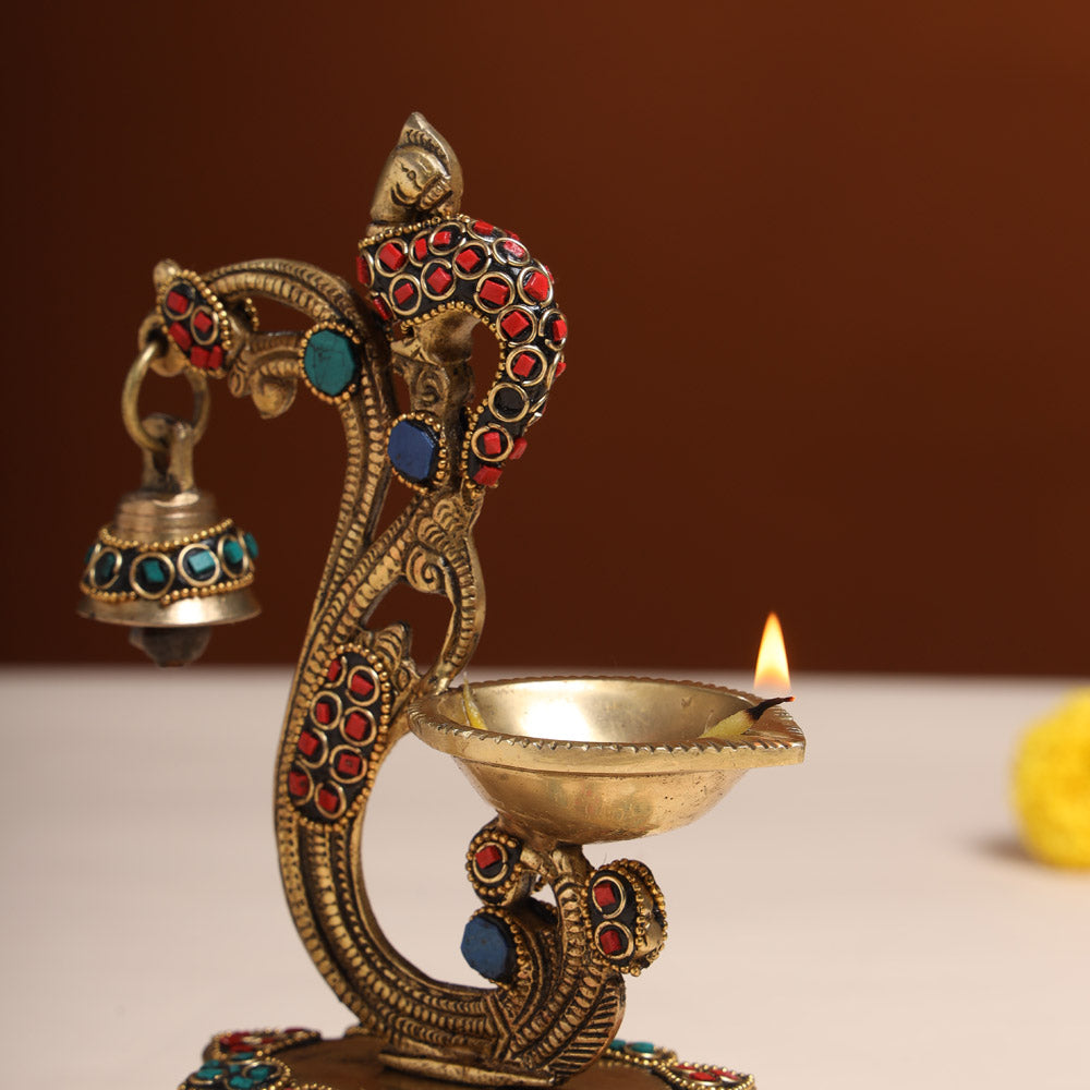 Brass Ethnic Peacock Diya With Hanging bell (8 Inch) Vedansh Craft