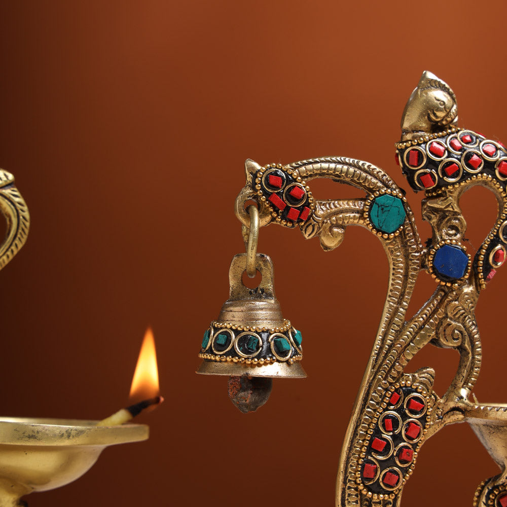 Brass Ethnic Peacock Diya With Hanging bell (8 Inch) Vedansh Craft