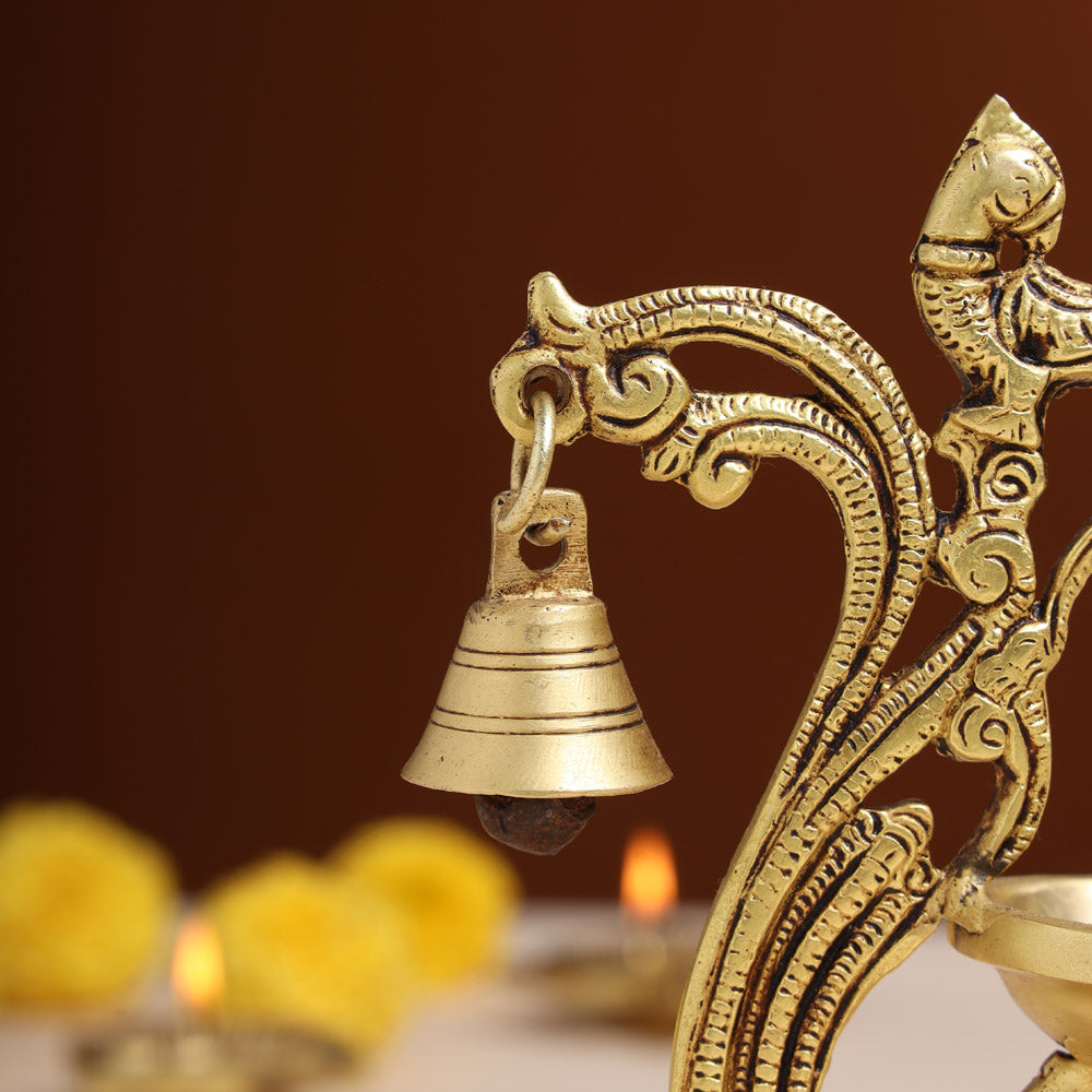 Brass Ethnic Peacock Diya With Hanging bell (8 Inch) Vedansh Craft