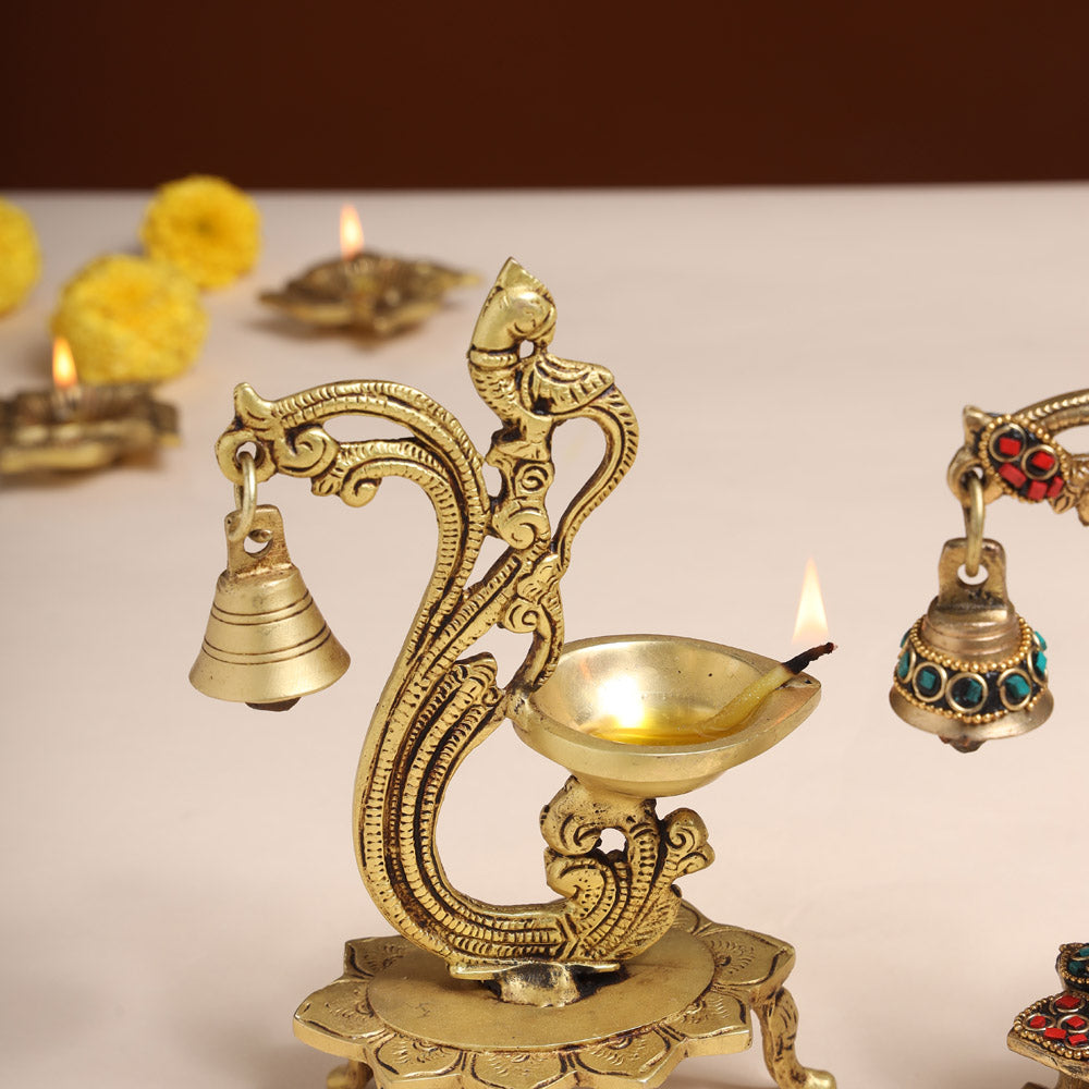 Brass Ethnic Peacock Diya With Hanging bell (8 Inch) Vedansh Craft