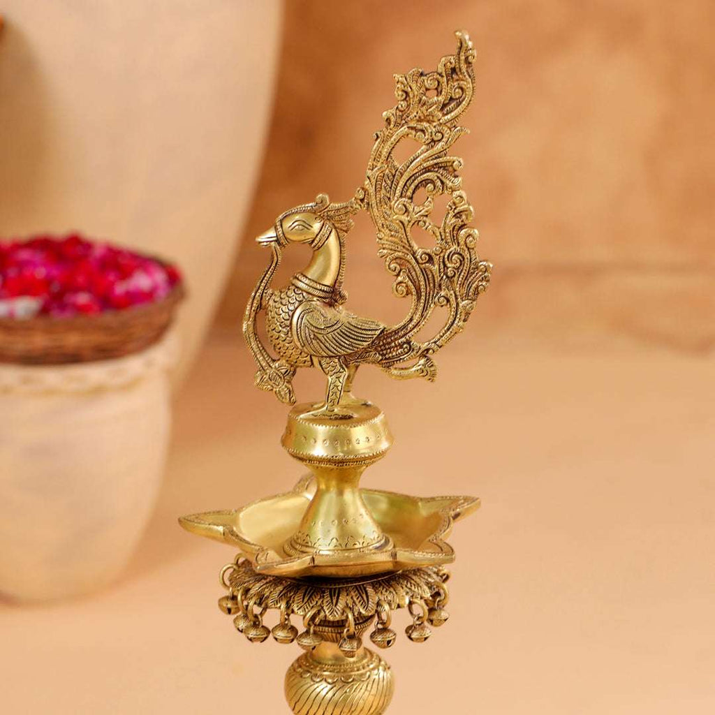 Brass Peacock Diya On Dancing Elephant (30 Inch) Vedansh Craft