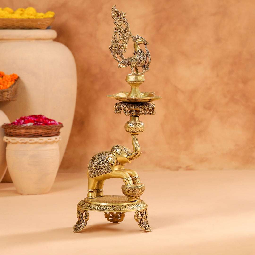 Brass Peacock Diya On Dancing Elephant (30 Inch) Vedansh Craft