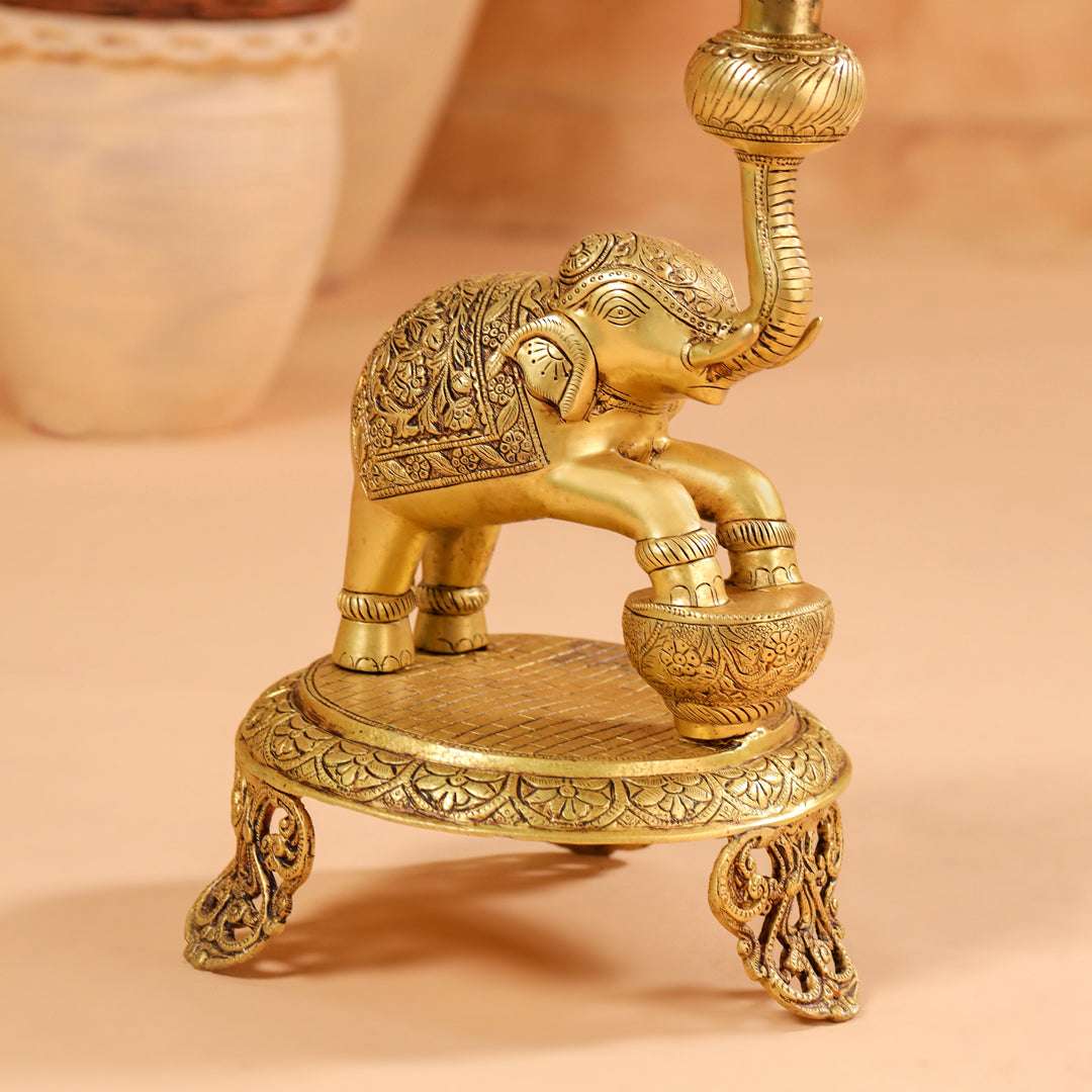 Brass Peacock Diya On Dancing Elephant (30 Inch) Vedansh Craft