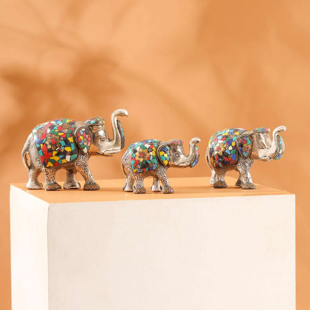 Metal Stone Work Standing Elephant Family Set Of Three Vedansh Craft