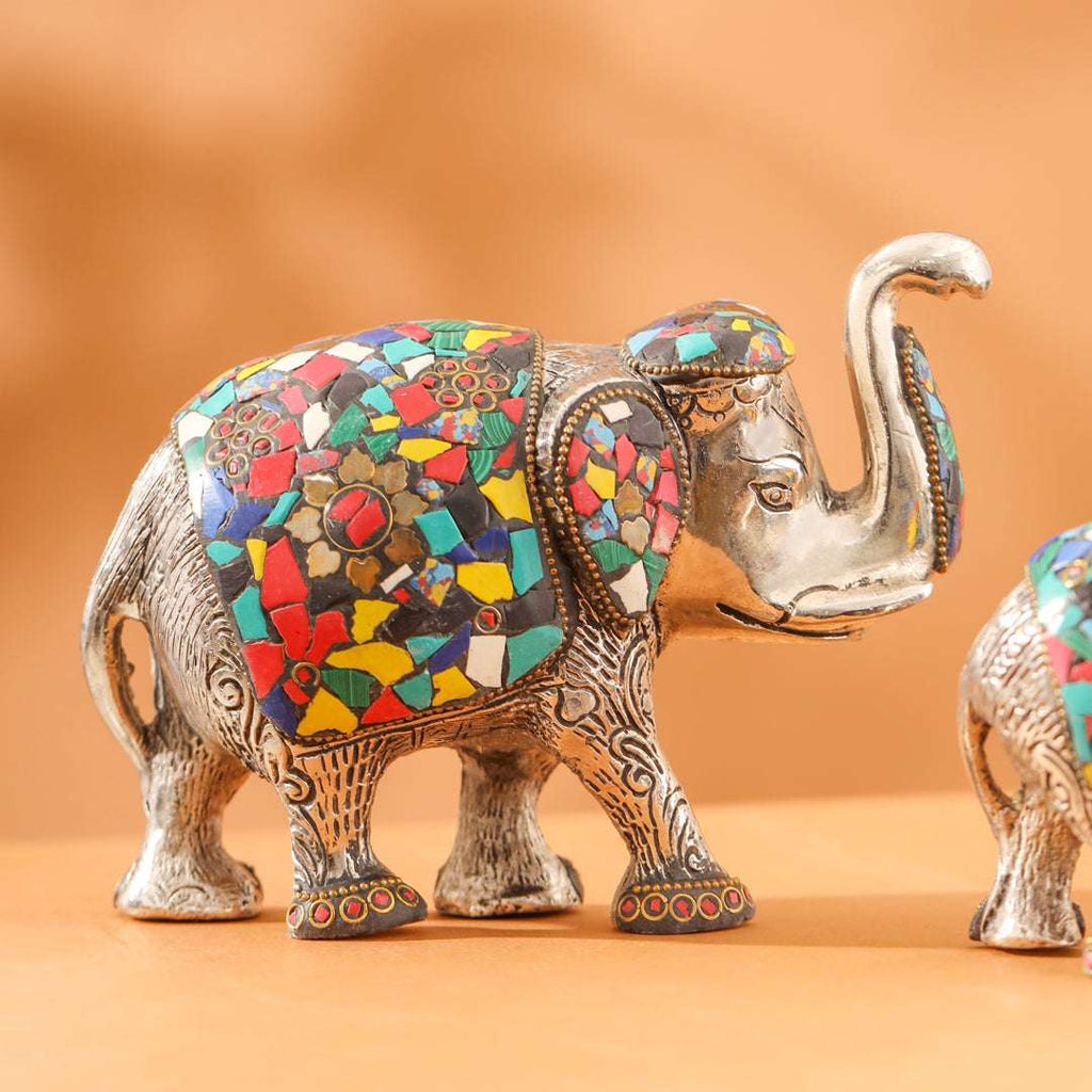 Metal Stone Work Standing Elephant Family Set Of Three Vedansh Craft
