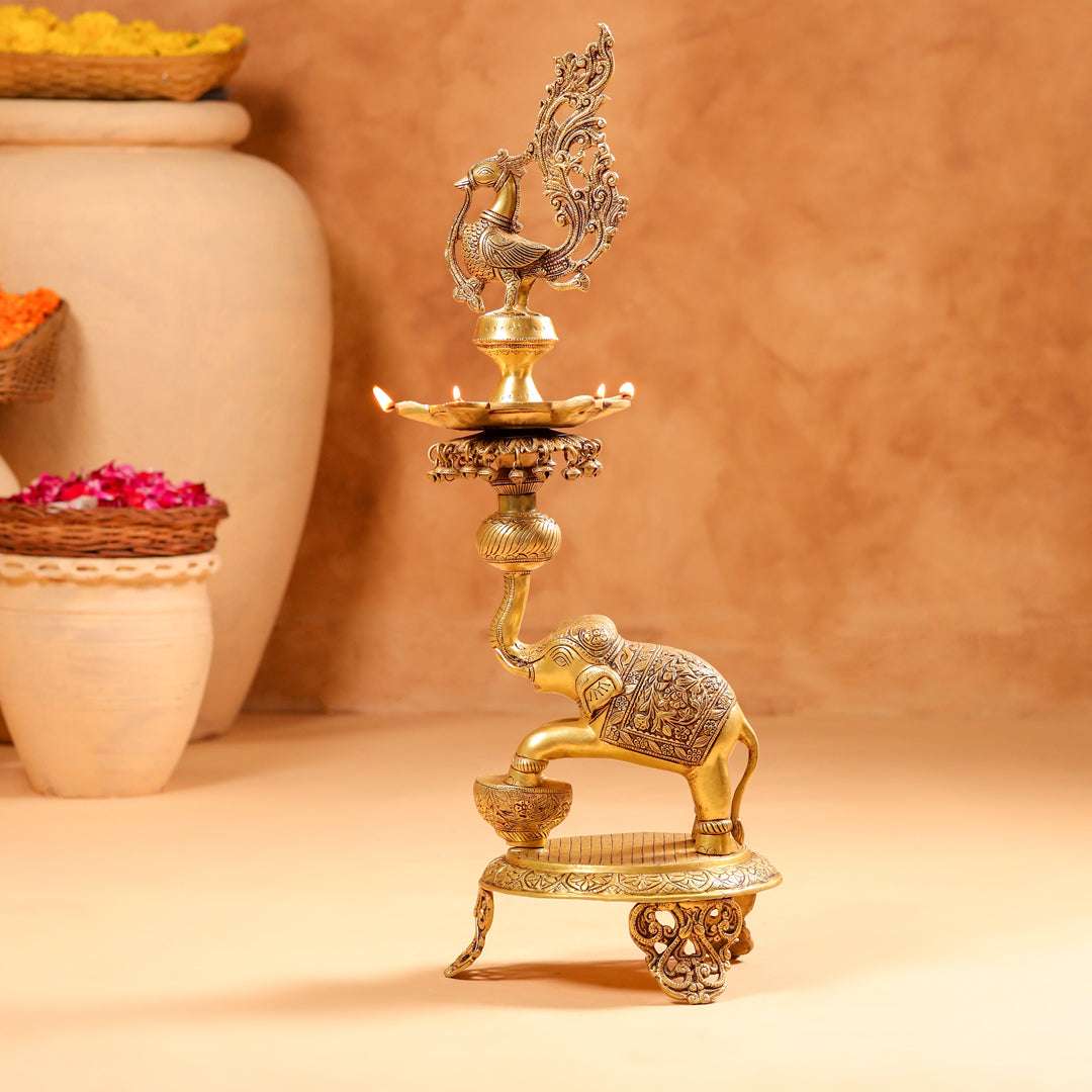 Brass Peacock Diya On Dancing Elephant (30 Inch) Vedansh Craft