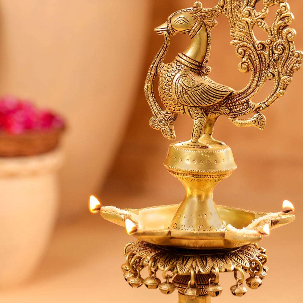 Brass Peacock Diya On Dancing Elephant (30 Inch) Vedansh Craft