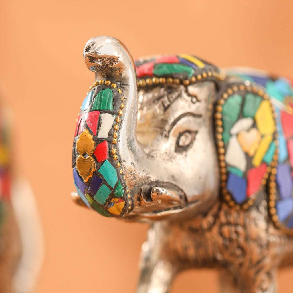 Metal Stone Work Standing Elephant Family Set Of Three Vedansh Craft
