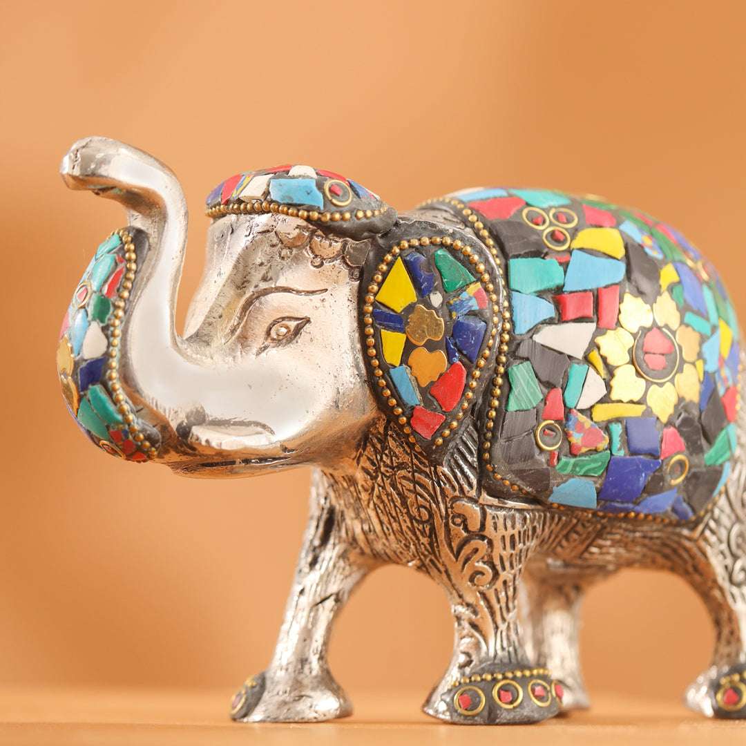 Metal Stone Work Standing Elephant Family Set Of Three Vedansh Craft