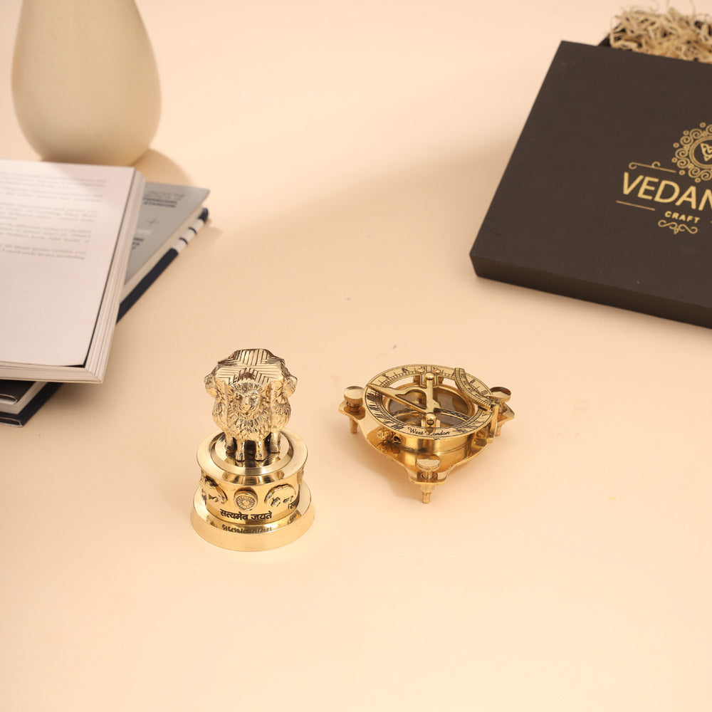 Brass Sundial Compass & Ashok Stambh Corporate Gift Hamper Vedansh Craft