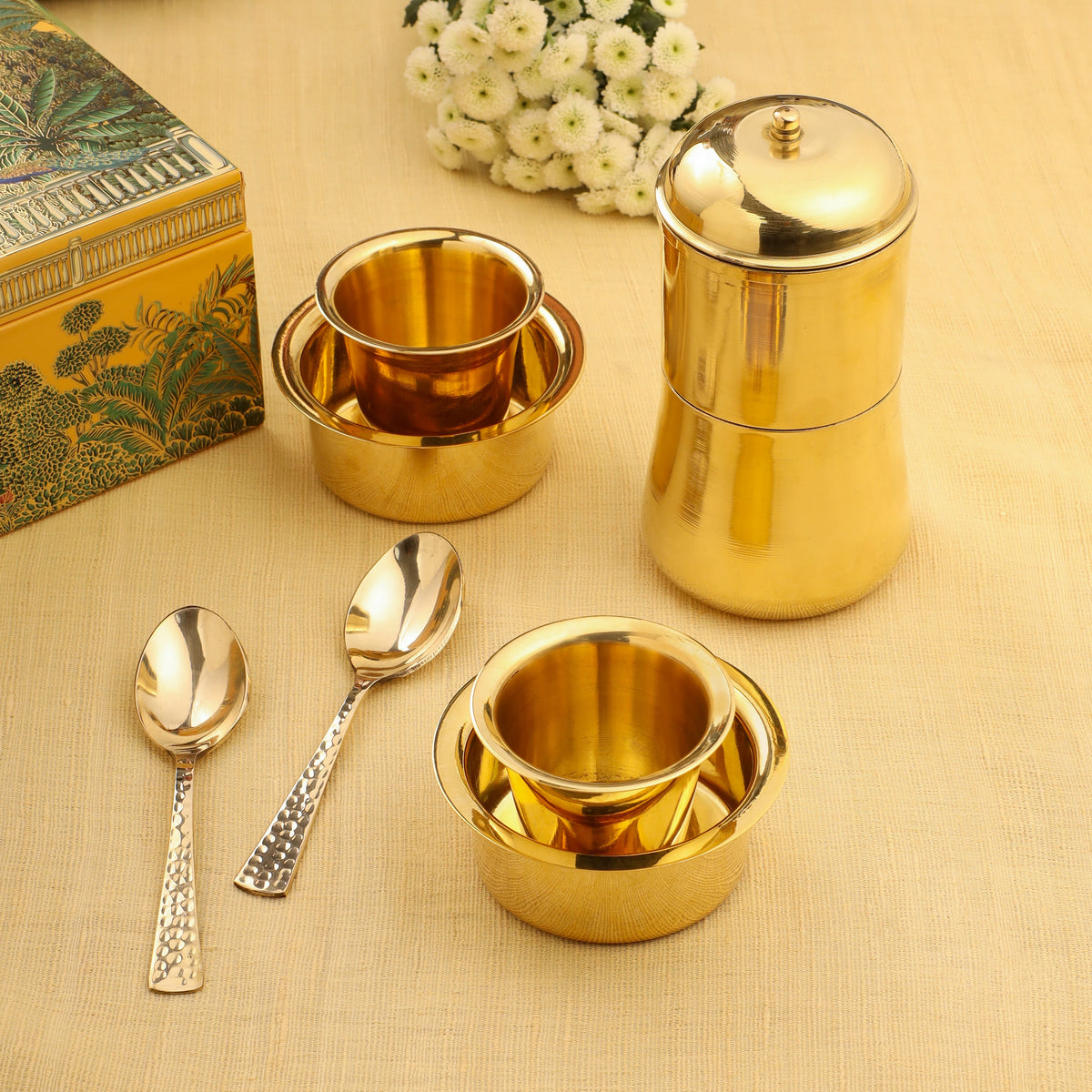 Brass Coffee Filter & Davara Set – Traditional South Indian Coffee Maker Gift Hamper Vedansh Craft