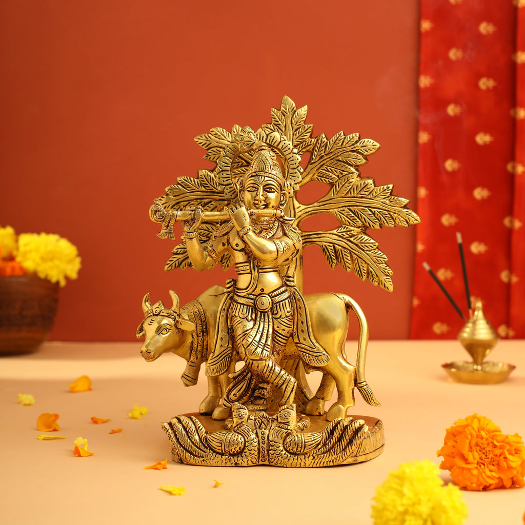 Brass Standing Krishna Idol With Cow And Tree (8.5 Inch) Vedansh Craft