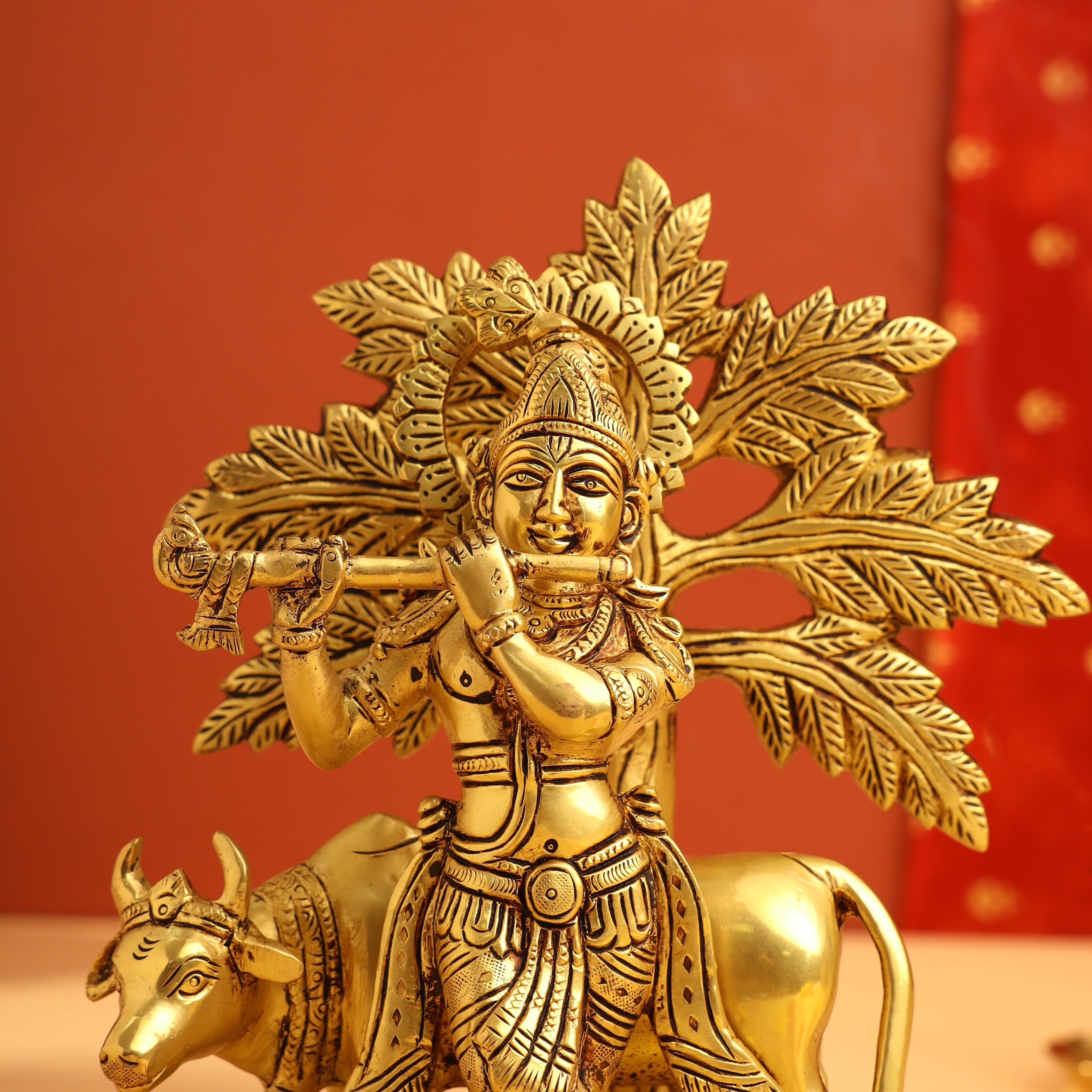 Brass Standing Krishna Idol With Cow And Tree (8.5 Inch) Vedansh Craft