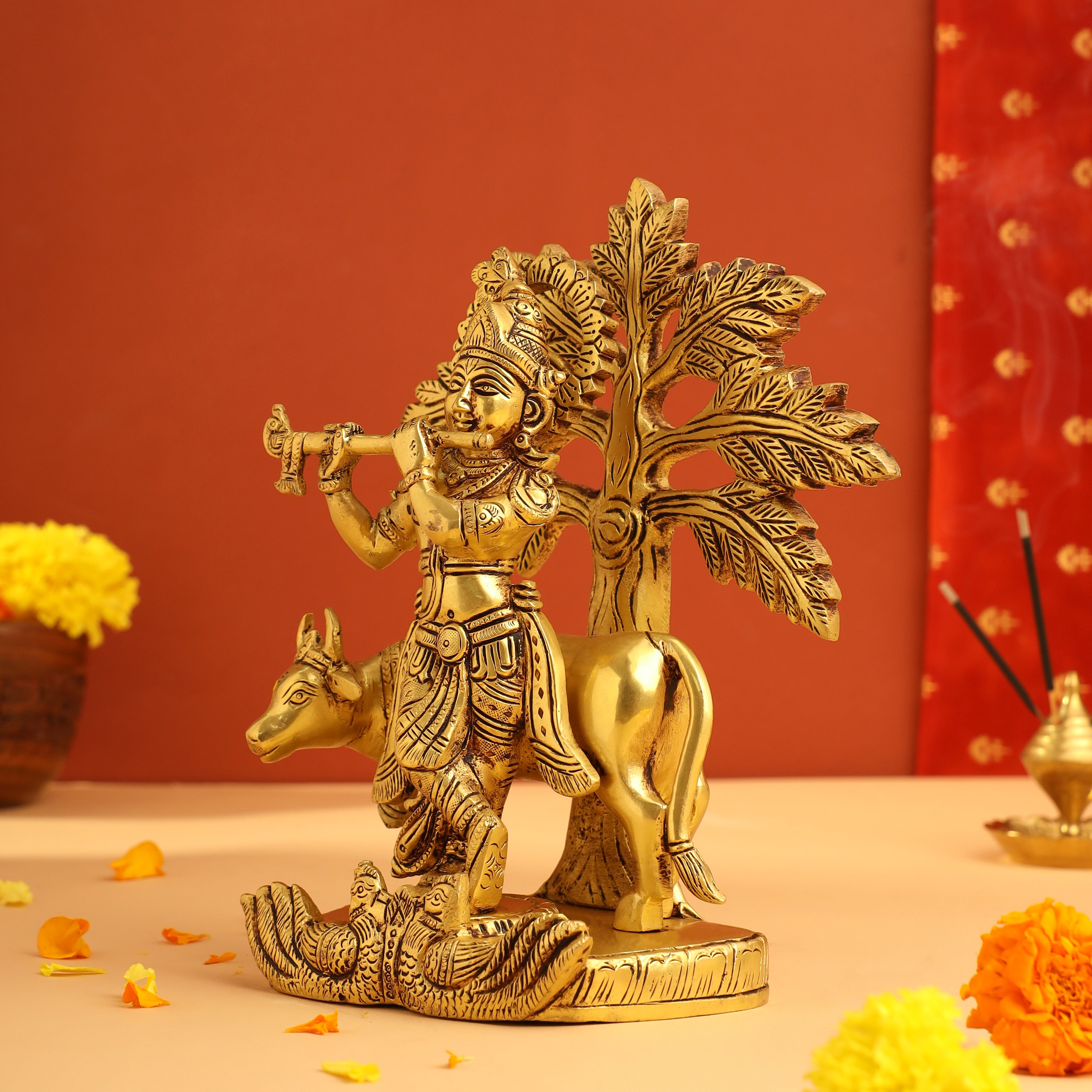 Brass Standing Krishna Idol With Cow And Tree (8.5 Inch) Vedansh Craft