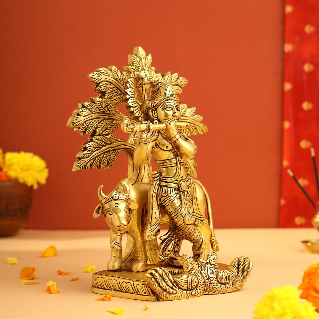 Brass Standing Krishna Idol With Cow And Tree (8.5 Inch) Vedansh Craft