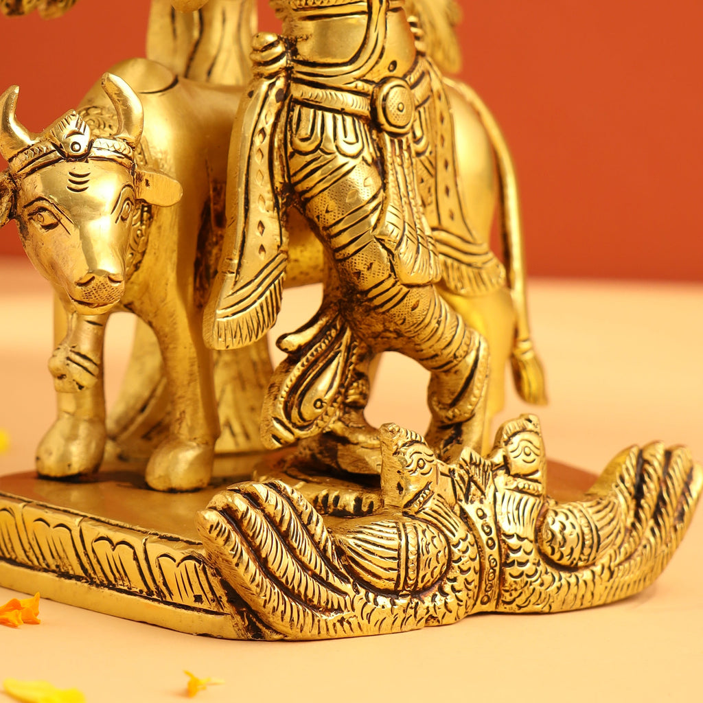 Brass Standing Krishna Idol With Cow And Tree (8.5 Inch) Vedansh Craft