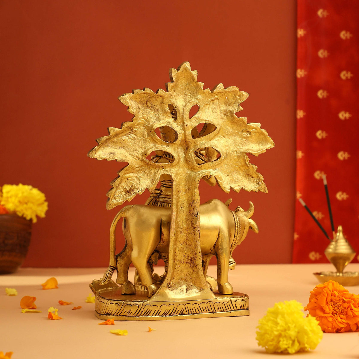 Brass Standing Krishna Idol With Cow And Tree (8.5 Inch) Vedansh Craft