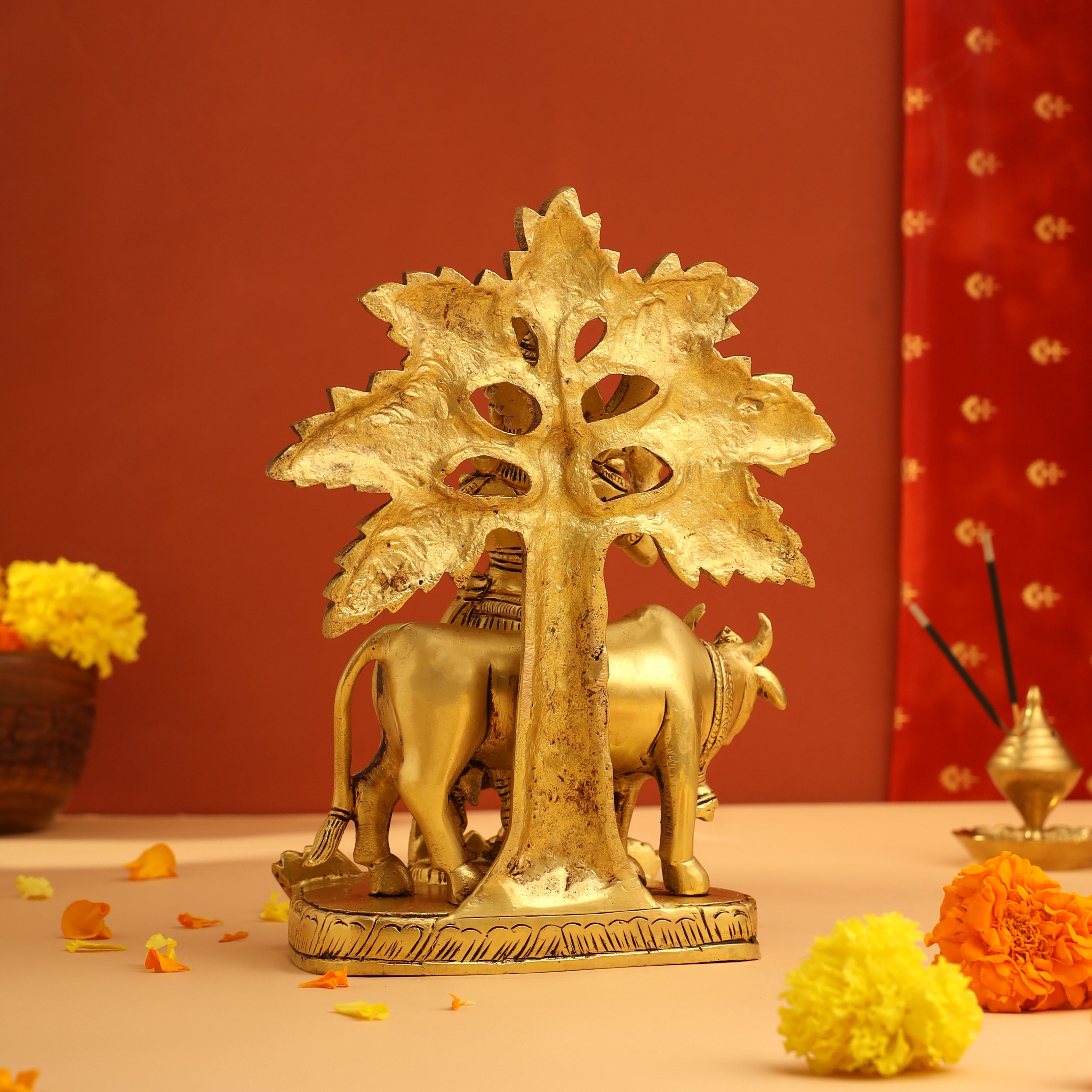 Brass Standing Krishna Idol With Cow And Tree (8.5 Inch) Vedansh Craft