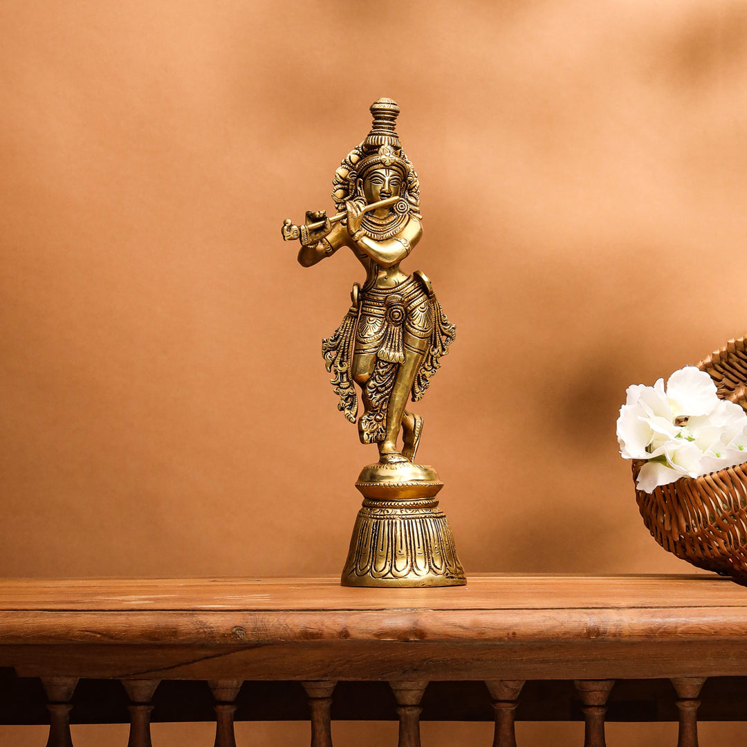 Brass Superfine Standing Lord Krishna With Base Idol (11 Inch) Vedansh Craft