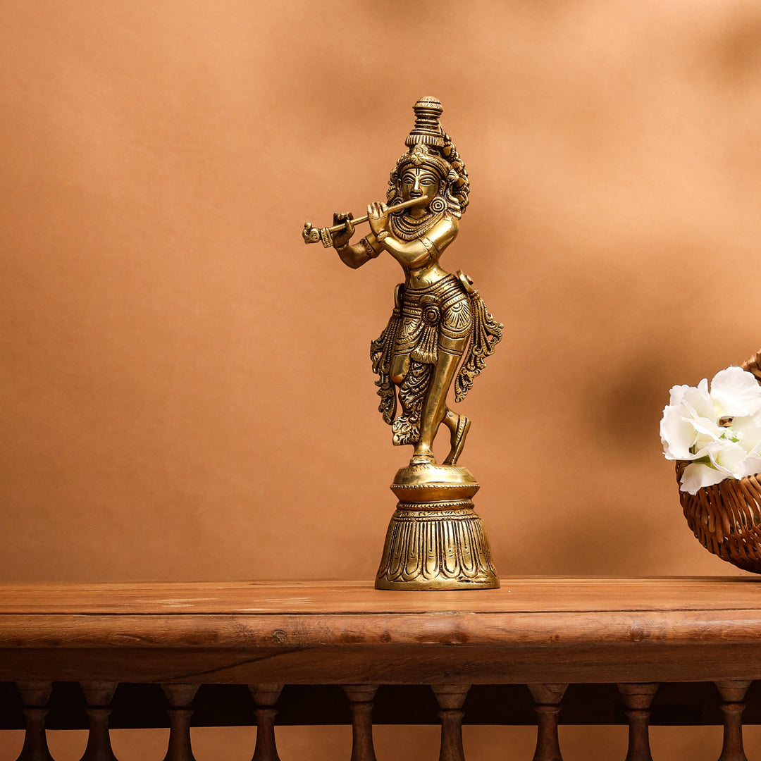 Brass Superfine Standing Lord Krishna With Base Idol (11 Inch) Vedansh Craft