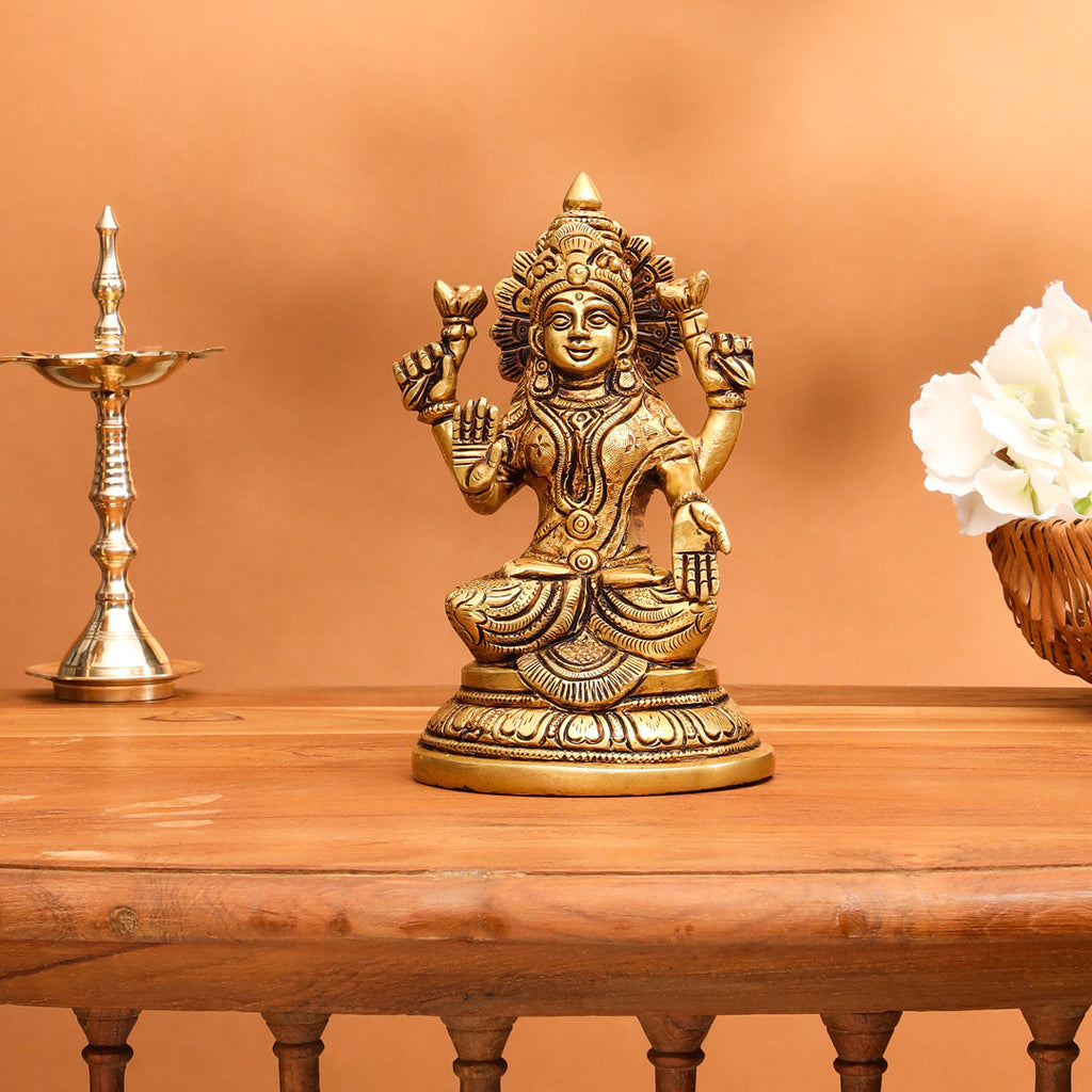 Brass Goddess Sitting Lakshmi Idol (6.8 Inch) Vedansh Craft
