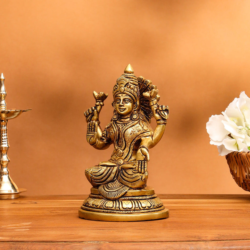 Brass Goddess Sitting Lakshmi Idol (6.8 Inch) Vedansh Craft