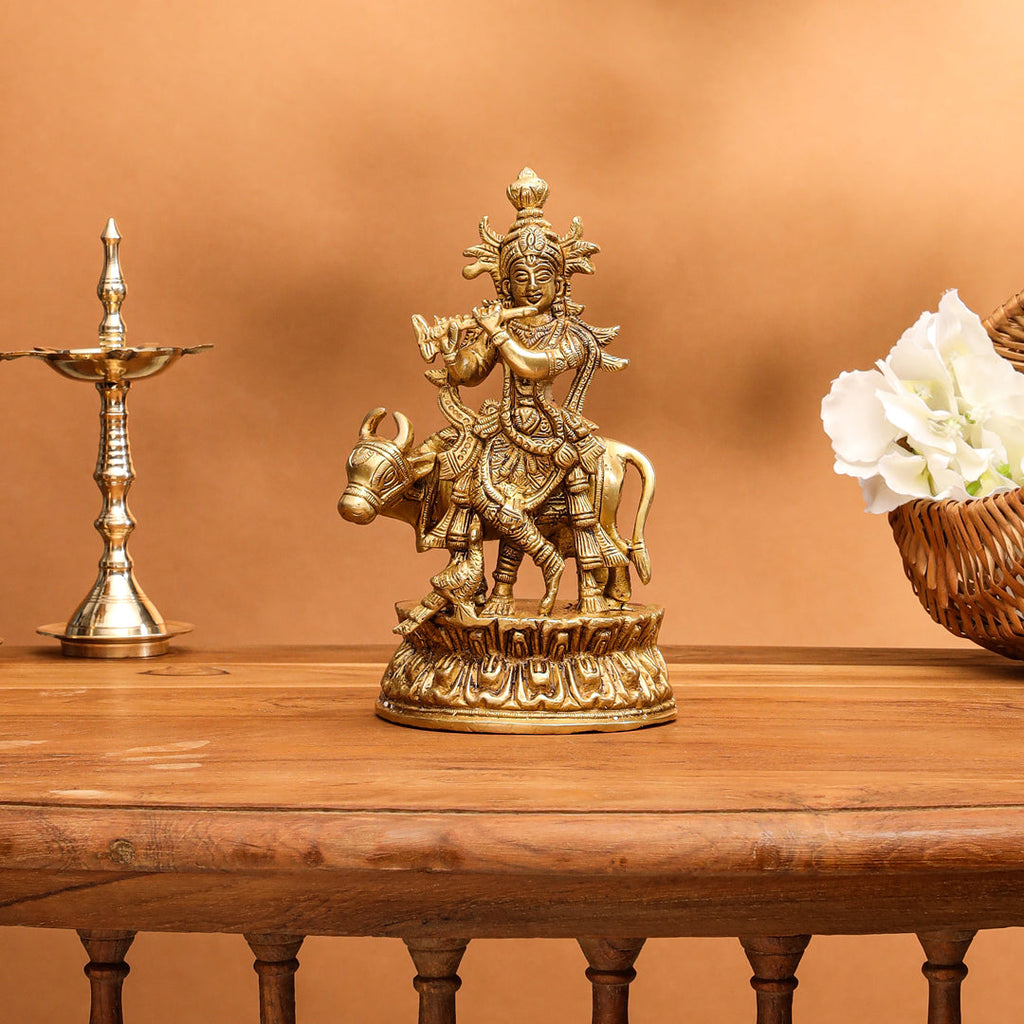 Brass Standing Krishna With Cow Idol (7 Inch) Vedansh Craft